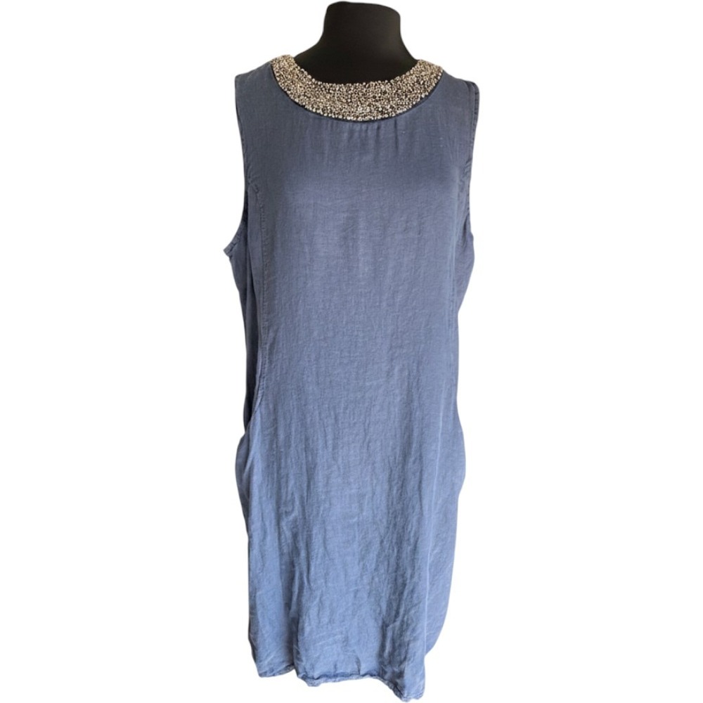 Lungo L'arno Blue Linen Beaded Neck Sleeveless Shift Dress Made in Italy 2X